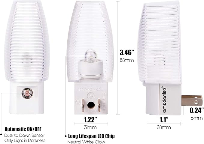 Emotionlite Plug in Night Light, Neutral White LED Nightlight, Dusk to Dawn Sensor, Kids, Nursery, Bedroom, Bathroom,Hallway, Stairs, Kitchen, 6 Pack