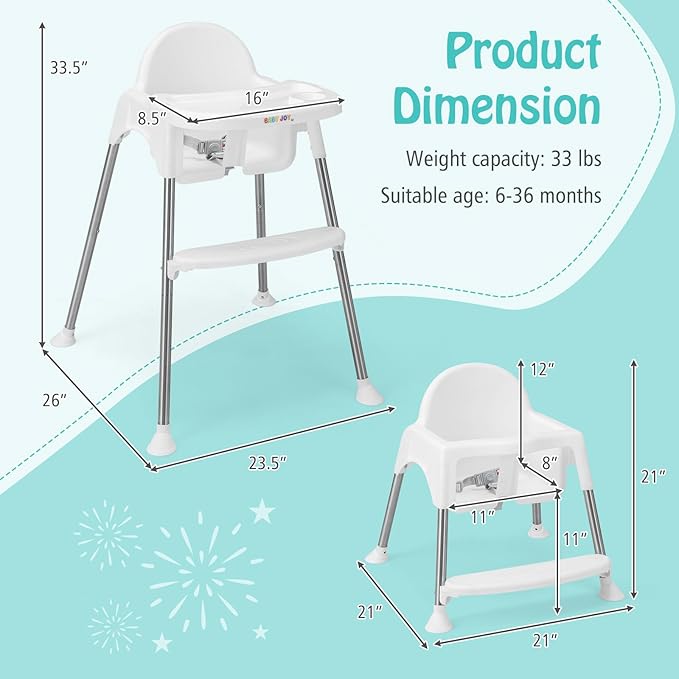 BABY JOY Baby High Chair, 4 in 1 Convertible Highchair for Babies & Toddlers with Adjustable Legs, Double Removable Tray, Safety Harness & Footrest (White)