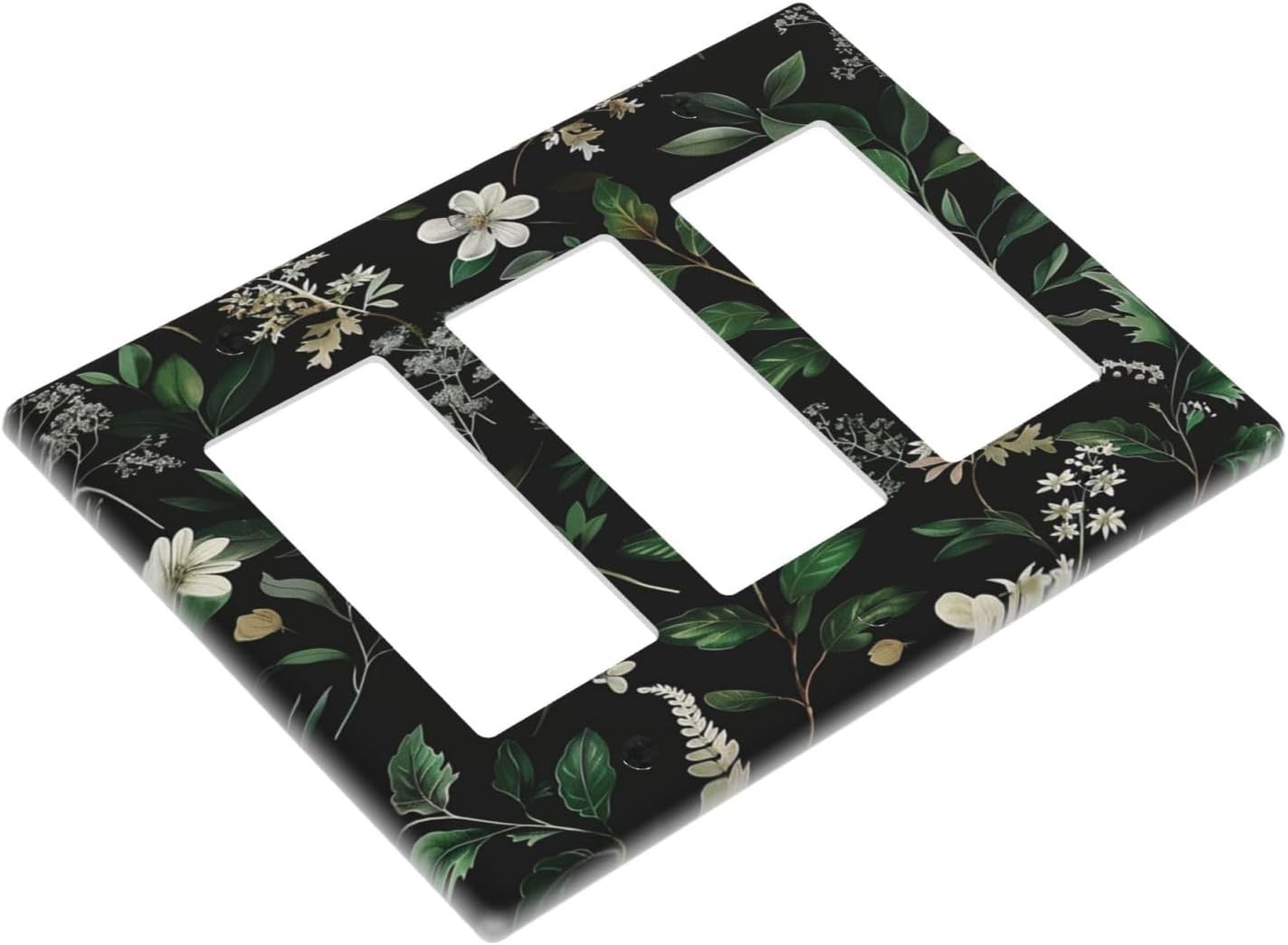 Decorative Outlet Covers Rustic Green Leaves White Flower 3 Gang Wall Plate Triple Rocker Light Switch Cover Plate Jumbo Electrical GFCI Faceplate for Country Bedroom Home Decor