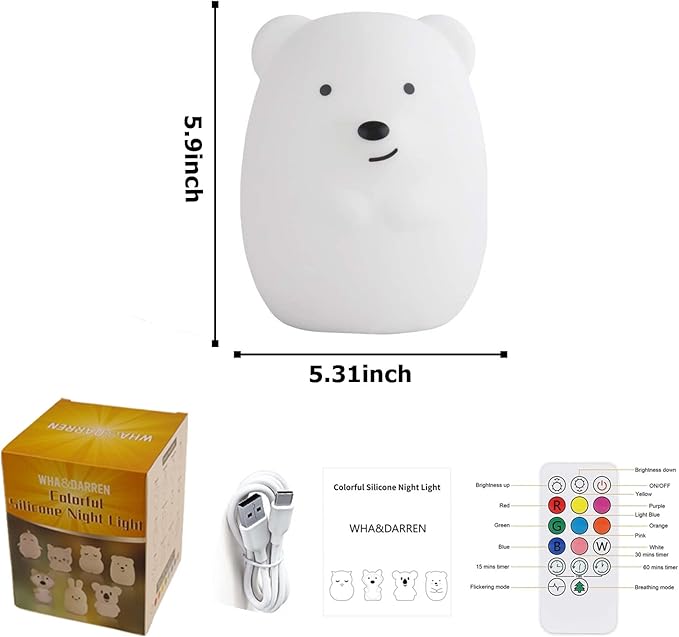 WHA&DARREN Large Owl Night Light for Kids,Cute Baby Night Light, Silicone Bedside Lamp, Sleep Lights, Eye Caring, Adjustable Brightness & Color, Time Setting, Touch+Remote Control
