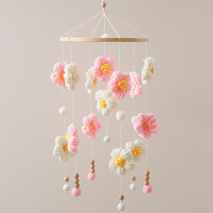 Baby Crib Mobile, Pink and White Flower Mobile for Boys and Girls, Baby Mobile for Bassinet, Baby Bedroom Hanging Nursery Decor Gift Set