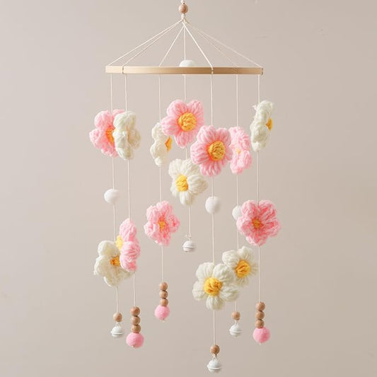 Baby Crib Mobile, Pink and White Flower Mobile for Boys and Girls, Baby Mobile for Bassinet, Baby Bedroom Hanging Nursery Decor Gift Set