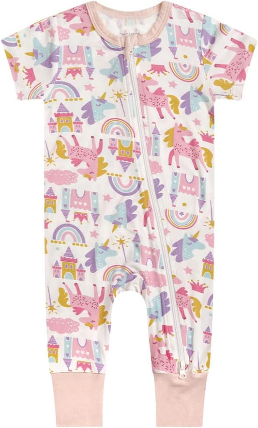 Teach Leanbh Toddler Unisex Baby Bamboo Viscose Pajamas 2 Way Zipper Short Sleeve Footless Romper Jumpsuit Sleep and Play