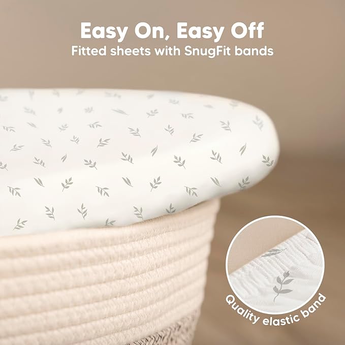 2-Pack Baby Bassinet Sheets Girl, Boy - 33x17 Viscose Derived from Bamboo Bedside Mattress Fitted Bassinet Sheets, Compatible with Halo Bassinest Swivel Sleeper, Baby Delight, Graco (Herb)