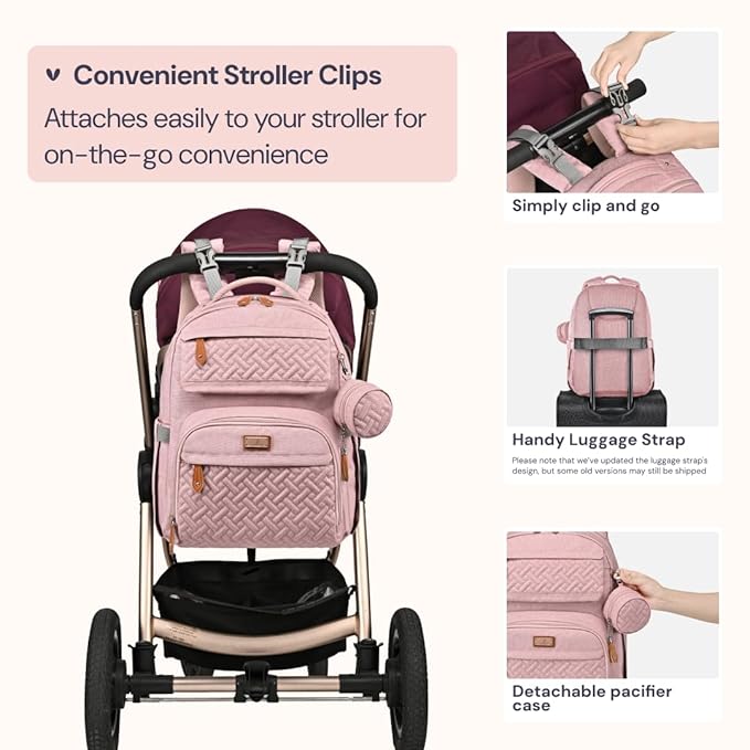 BabbleRoo Diaper Bag Backpack, Travel Backpack with Changing Pad, Pacifier Case & Stroller Straps, Multifunction, Waterproof, Unisex – Pink