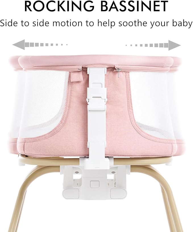 ANGELBLISS 3 in 1 Baby Bassinet, Rocking Bassinets Bedside Sleeper with Calming Motion, Portable Nest for Newborn Infant, Breathable Mesh (Pink)