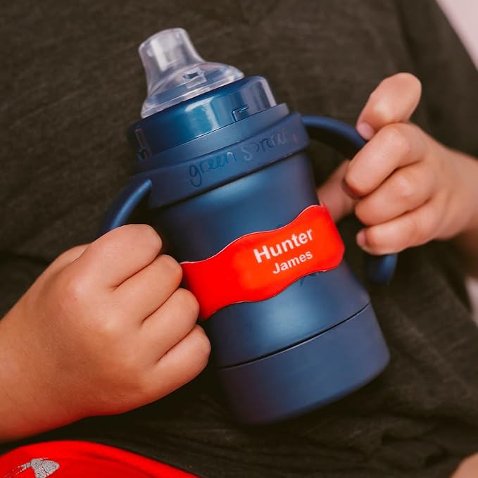 InchBug Orbit Labels - Baby Bottle Name Labels for Daycare, Sippy Cup Bands - Engraved Silicone, Reusable, Dishwasher Safe, White Contrasting Personalization, 4-Pack (Nautical Navy)