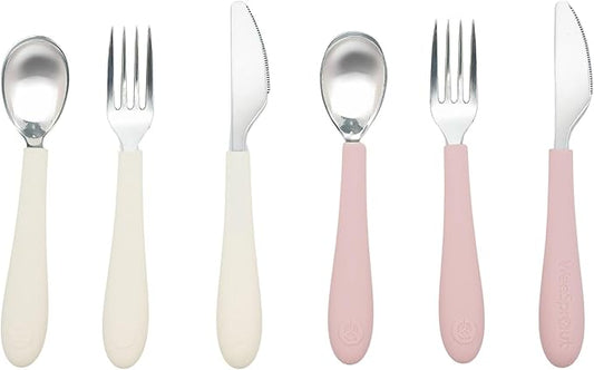 Kids Stainless Steel Utensils Set - Premium 18/8 Grade Silverware Kit - 2 Spoons, 2 Forks, and 2 Knives for Ages 4-7 - Silicone Easy-Grip Handles - Children Flatware Cutlery (Matte - Pink, Off White)