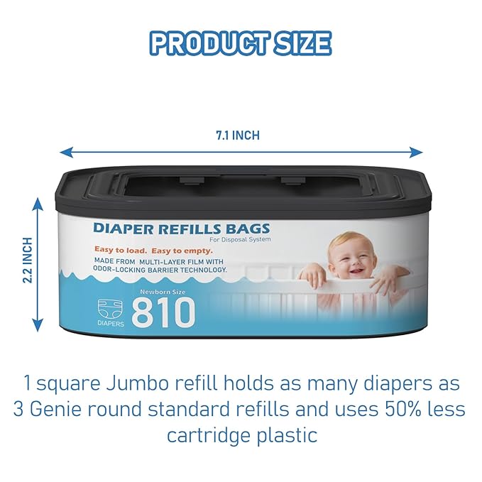 Jumbo Square Refills Disposal Bags Refill Compatible with Diaper Genie Classic, Compact and Select Pails, Hold Up to 810 Newborn-Sized Diapers Per Refill, Pack of 3