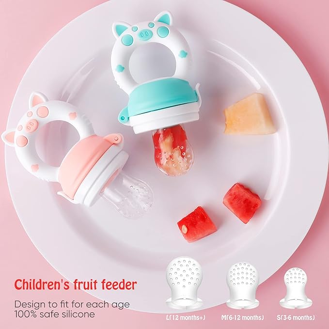 Baby Solids/Frozen Fruit Feeder Pacifier, Infant Teether Toy 4M+, BPA-Free Silicone Pouch & Nipple, Safely Introduce Solids, Teething Relief, 2-Pack (Piglet - Mint Green Pink, S/M/L)