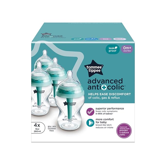 Tommee Tippee Advanced Anti-Colic 9 Oz BPA Free Baby Bottles, Newborn 0+ Months, Slow Flow Breast-Like Nipple, Unique Design Keeps Air Away from Milk and Baby, Clear, Pack of 4