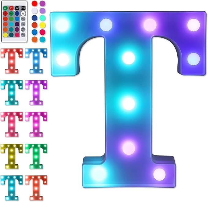 Foaky Colorful LED Letter Lights with Remote,Marquee Light Up Letters Sign for Night Light Wedding/Birthday Party Battery Powered Christmas Lamp Home Bar Decoration(T)