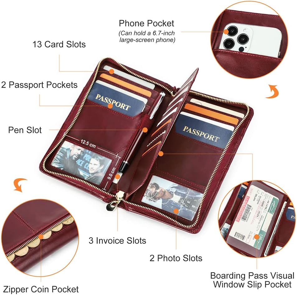 CONTACTS Travel Passport Wallet for 4 Women Leather Passport Holder RFID Blocking Card Organizer Large Capacity Wristlet Clutch Purse Red with 13 Card Slot