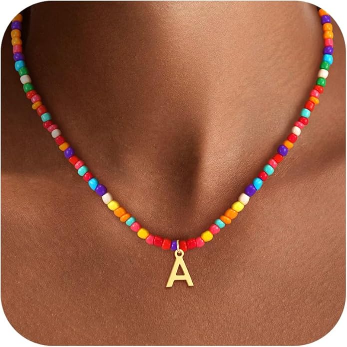 Colorful Initial Necklaces for Girls Kids Women, Cute Beaded Initial Necklace Teen Girl Gifts Trendy Stuff, Bohemian Letter Necklace Birthday Gifts for Women Girls Jewelry