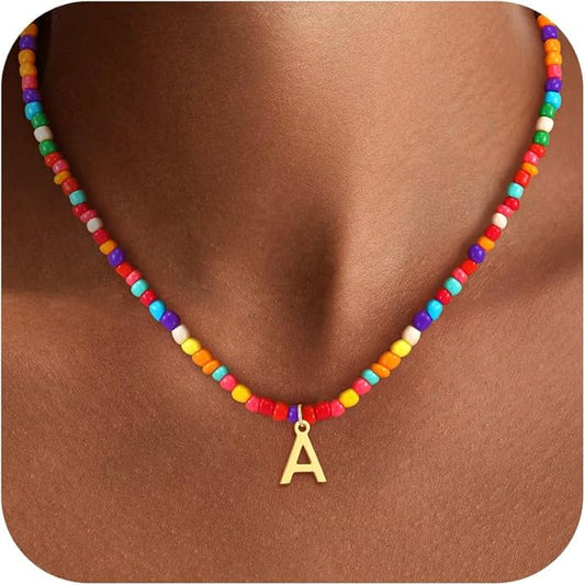 Colorful Initial Necklaces for Girls Kids Women, Cute Beaded Initial Necklace Teen Girl Gifts Trendy Stuff, Bohemian Letter Necklace Birthday Gifts for Women Girls Jewelry
