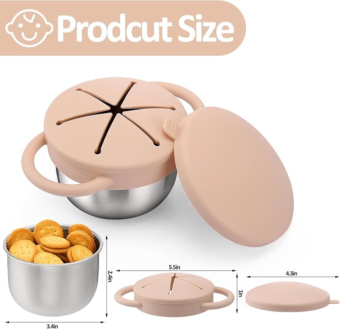 BUSOHA 2 Pack Stainless Steel Toddler Snack Cups - 9 OZ Spill-Proof Baby Snack Containers with Silicone Catcher and Lid Travel Snack Containers for Kids Dishwasher Safe Food Grade Silicone