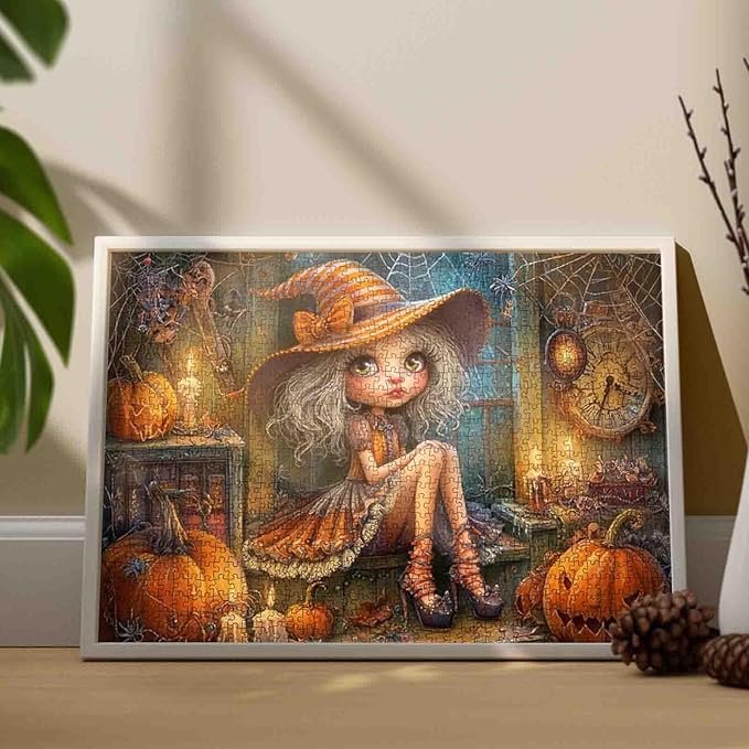 1000 Piece Halloween Puzzle for Adults Cute Girl Witch Art Jigsaw Puzzle Spooky Pumpkin Witch Hat Puzzles Challenging Aesthetic Fall Puzzle for Family Game Nights Rustic Halloween Decor Gifts