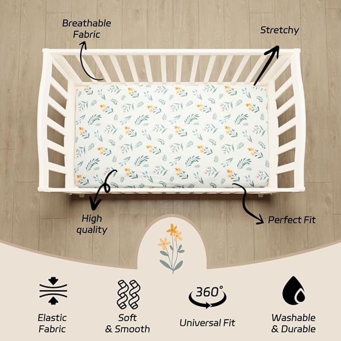 4 Pack Sage Green Fitted Nursery Sheets Breathable Neutral Unisex Baby Sheets for Boys or Girls with Leaf and Flower Design Standard Crib Sheet (Green, Crib Sheet)