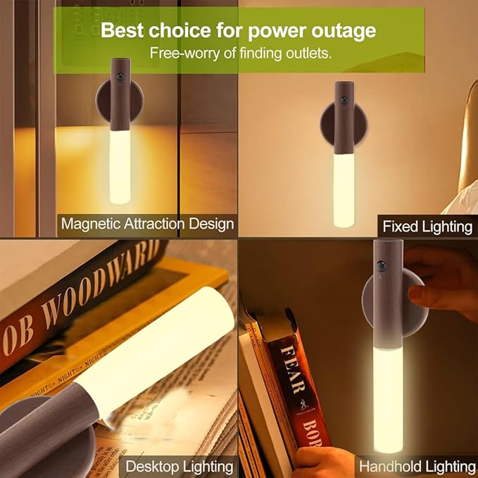 LANDGOO LED Nursery Night Light, Body Motion Sensor Nursing Lamp, Rechargeable Battery Powered Magnetic 360° Portable Lighting for Bedroom Bathroom, Walnut Wood 2Pcs