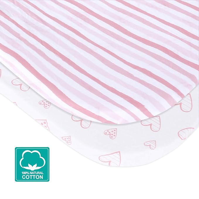 Bassinet Sheets Fit for Fodoss, Graco Travel Lite, AMKE (31''x 20"), Cloud Baby, RICUTON, Yacul and Simmons Kids Bassinet(not for Twins), 2 Pack, 100% Cotton Breathable and Soft, Pink Print