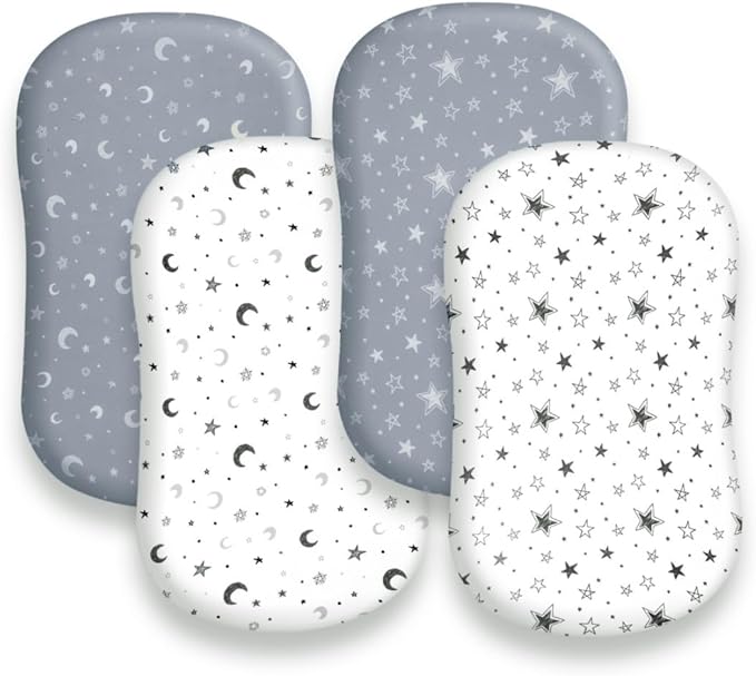 4 Pack Star and Moon Neutral Unisex Fitted Baby Sheets Set for Baby Boys or Girls (Bassinet Sheets)