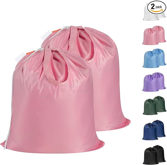 Polecasa Small Heavy Duty Laundry Bag with 130gsm Tear Resistant Fabric and Handles, Easy to Carry Durable Dirty Clothes Drawstring Bag, Perfect for College Dorm, Travel, 2 Pack 21”x24”,Pink