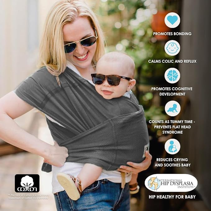 Breeze Baby K'tan Baby Carrier, #1 Easy Pre-Wrapped Baby Sling Gift | Breathable 100% Cotton Mesh | Hands Free Wrap for Infants | No Rings Or Buckles | Charcoal | X-Small