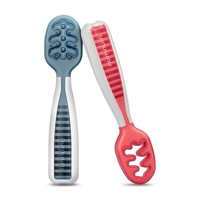 NumNum Baby Spoons Set, Baby Essentials Pre-Spoon GOOtensils for 6+ Months, First Stage Self-Feeding Spoons for Baby Led Weaning (BLW), Silicone Toddler Utensils, BPA-Free, 2 Pack Blue/Red