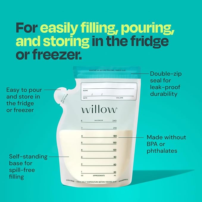Willow - 8oz Breast Milk Storage Bags - 100ct - Double Zip Seal for Durability - Freezer & Fridge Breastmilk Storage - Easy Pour Spout for Bottle Transfer - BPA Free - Breastfeeding Essentials