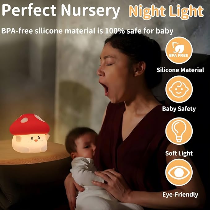 Mushroom Silicone Lamp, Cute Hug Mushroom Night Light with Timer, Squishy Dimmable Light for Baby Nursery, Rechargeable LED Portable Touch Nightlight, Kawaii Room Desk Decor, Christmas Gifts