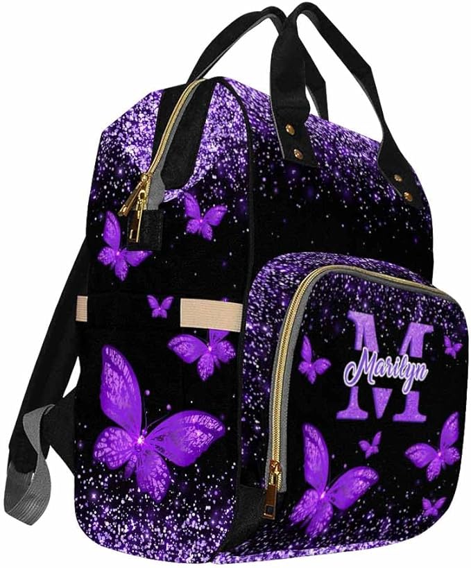 D-Story Custom Name Customized Diaper Bags For baby Bags Colorful Mommy Present for Women Men Unisex with Thermal Pockets Diaper Backpack With Name Text, Neon Butterfly