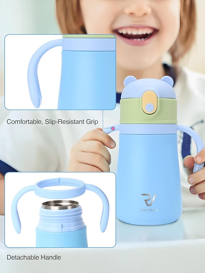 12oz Kids Insulated Water Bottle Double-Wall Vacuum Kids Water Bottle with Hygiene Silicone Straw Blowout-Proof Lid Insulated No BPA Durable Stainless Steel