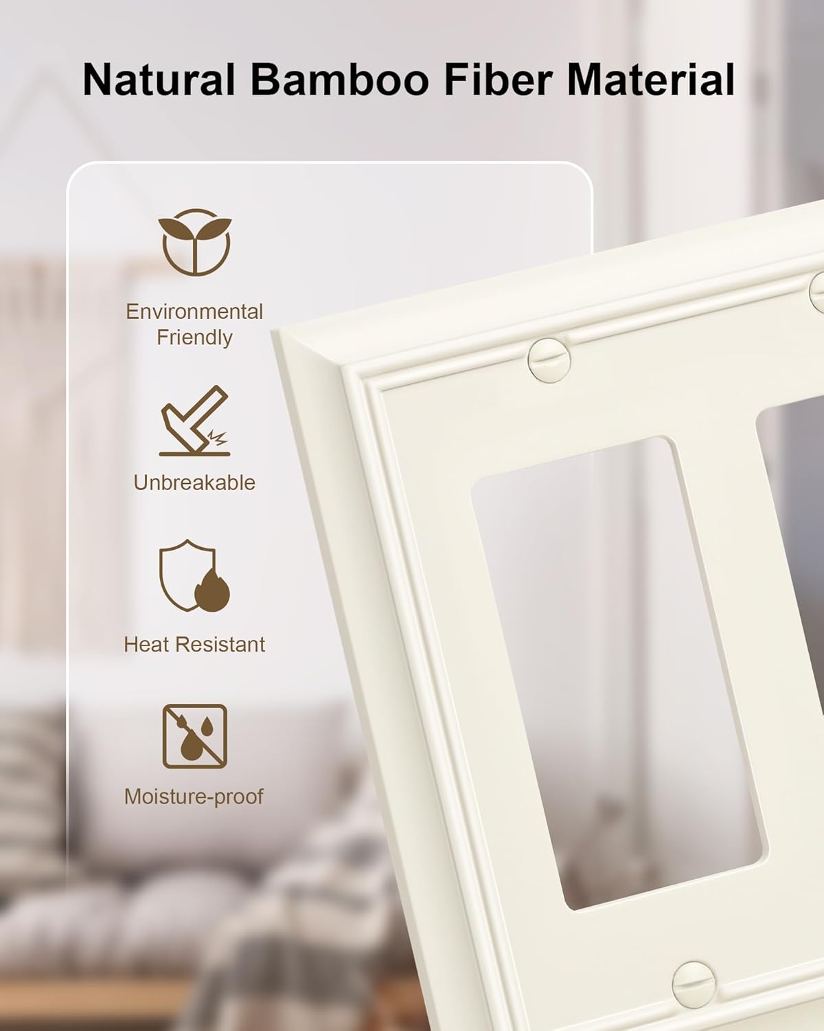 2-Pack Decorative Tripple Decorator Outlet Cover Plate, Durable Natural Bamboo Fiber Light Almond Wall Plate for Electrical Outlets, Receptacle, GFCI Outlet, Dimmer Switch, 3-Gang, Corrosion Resistant