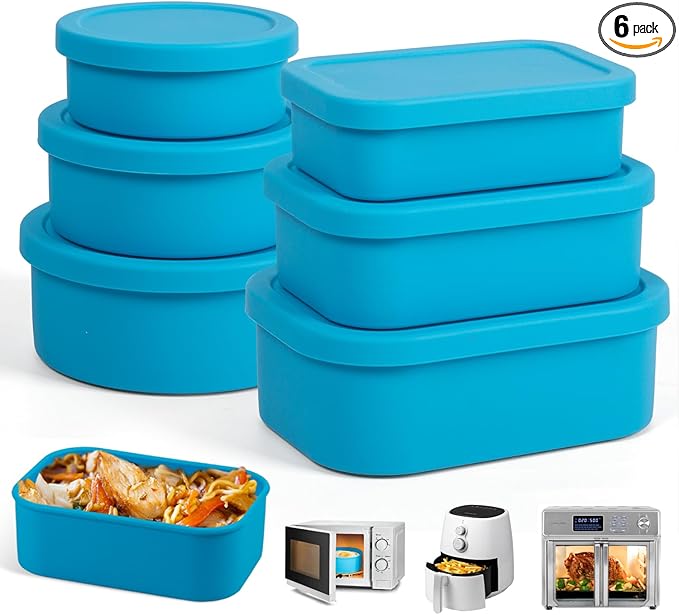 Nesting 100% Silicone Food Storage Containers with Lid & Measuring Line, 6 Pack, Leakproof Stackable Hard-Shell Silicone Containers for Food Lunch Snack, Microwave Oven Freezer Dishwasher Safe, Blue