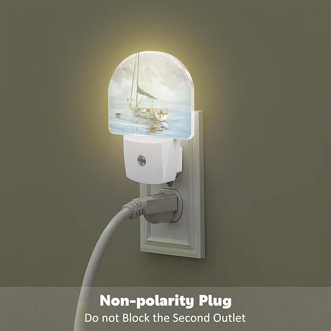 Blue Sailboat in Harbor Night Light Plug into Wall, Boat Ocean Oil Painting Dusk to Dawn Night Light Plug in,0.5w Energy Saving Sleep Friendly NightLight for Kids Boys Girls Home Decor