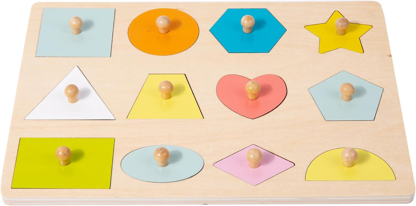 Adena Montessori Wooden Shape Peg 12 Piece of Colorful Shape Cognition Knob Puzzles Baby & Toddler Development Toy