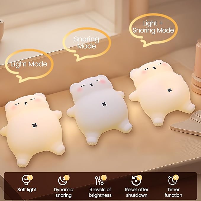 Sleepy Snoring Bear Night Light,Novelty Nursery Nightlight for Kids, Dimmable/Timer/Rechargeable USB-C, Food-Grade Silicone LED Squishy Animal Bedside Lamp,Funny Gifts for Boys Girls Baby,Room Decor