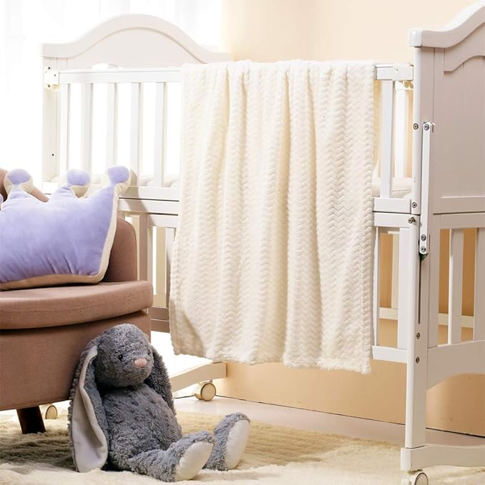 CREVENT 30''X40'' Soft Cozy Warm Baby Blankets for Boys Girls Solid Color - All Season Use - Newborn Essentials (Wave Ivory/White)
