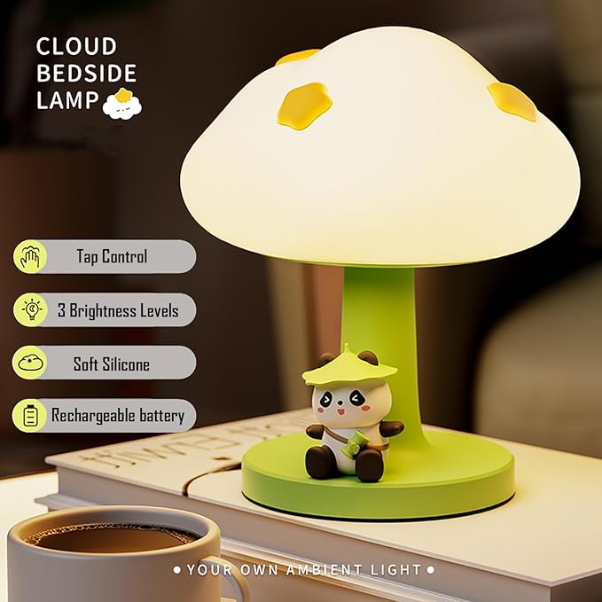 Cloud and Panda Rechargeable Night Light, Safe Soft Silicone Material, 3 Brightness Levels, Tap Control, Warm Light, Toddler Sleeping Lamp, Bedroom Night Lamp, Gift for Baby and Kid (Cloud and Panda)