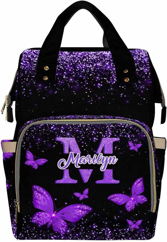D-Story Custom Name Customized Diaper Bags For baby Bags Colorful Mommy Present for Women Men Unisex with Thermal Pockets Diaper Backpack With Name Text, Neon Butterfly