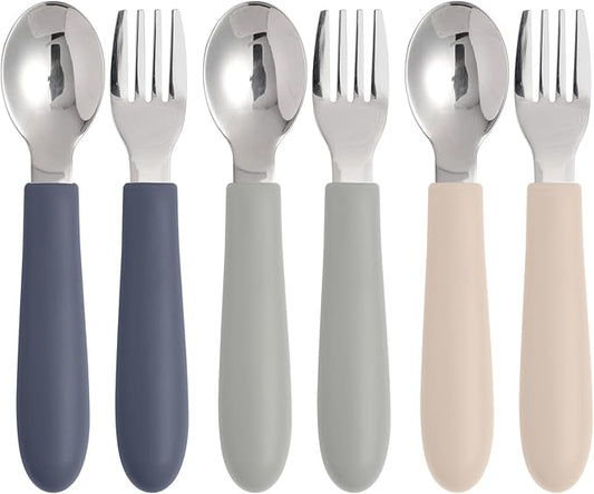 6 Pack Toddler Utensils, Kids Silverware Set with Silicone Handle, Children Safe Forks and Spoons, 18/8 Stainless Steel, Food Grade Silicone Feeding Supplies, Dishwasher Safe