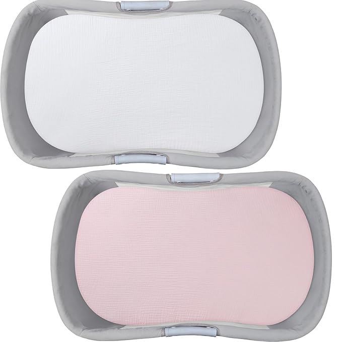 Muslin Bassinet Sheet Compatible with Halo Bassinest Swivel Flex Glide Premiere & Luxe Series Sleeper 2 Pack Cotton Stylish Boho Fitted Bassinet Sheets Super Soft for Baby White & Pink