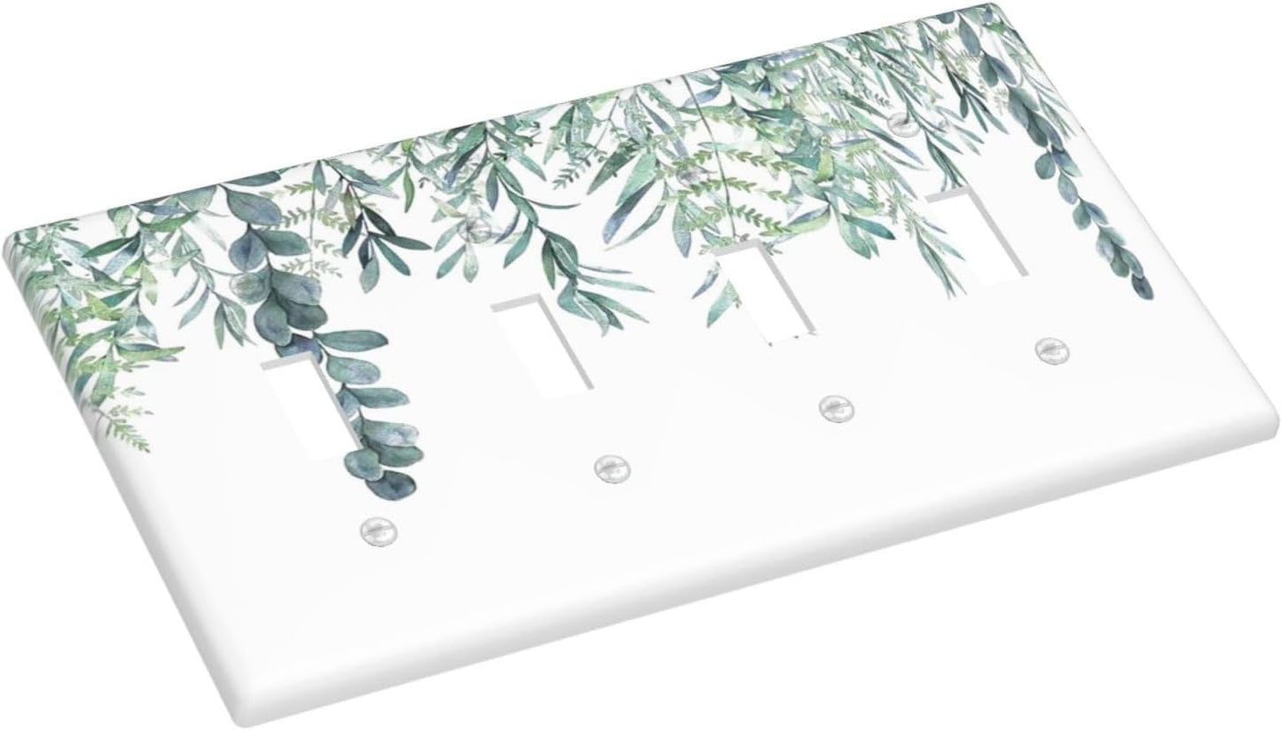 Eucalyptus Leaves Greenery Vine Flowers Simplicity Light Switch Covers Quad Toggle Electrical Faceplate 4 Gang Wall Plate Decorative Switch Plates for Bed Room Living Room Decor