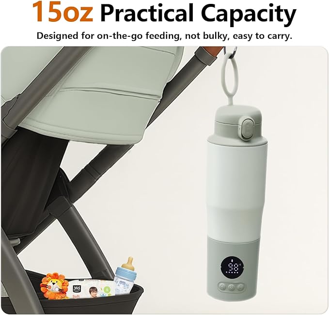 Portable Bottle Warmer for Travel – 15oz 316 Stainless Steel, 16000mAh Battery, Fast Heating & Precise Temp Control, Car Cup Fit, Long Battery Life, Perfect for Outdoor or On-The-Go Moms