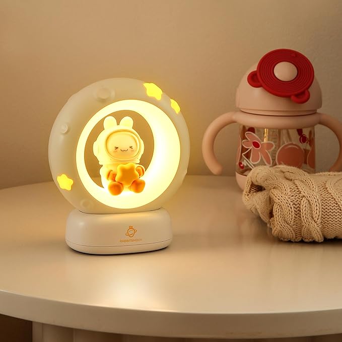 Moon and Bunny Rechargeable Night Light, Safe PVC and ABS Material, 3 Brightness Levels, Tap Control, Warm Light, Toddler Sleeping Lamp, Bedroom Night Lamp, Gift for Baby and Kid (Moon and Bunny)