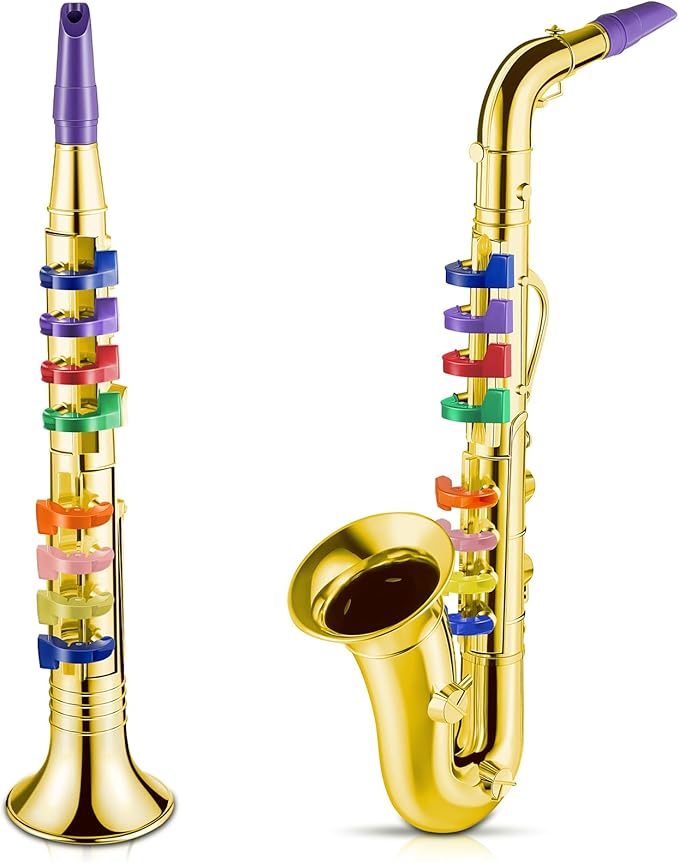 Amylove Set of 2 Musical Instruments for Kids Including Toy Saxophone and Kids Clarinet Plastic Toy Instruments Saxophone Clarinet with 8 Colored Keys Educational Home School Music Gift(Gold)