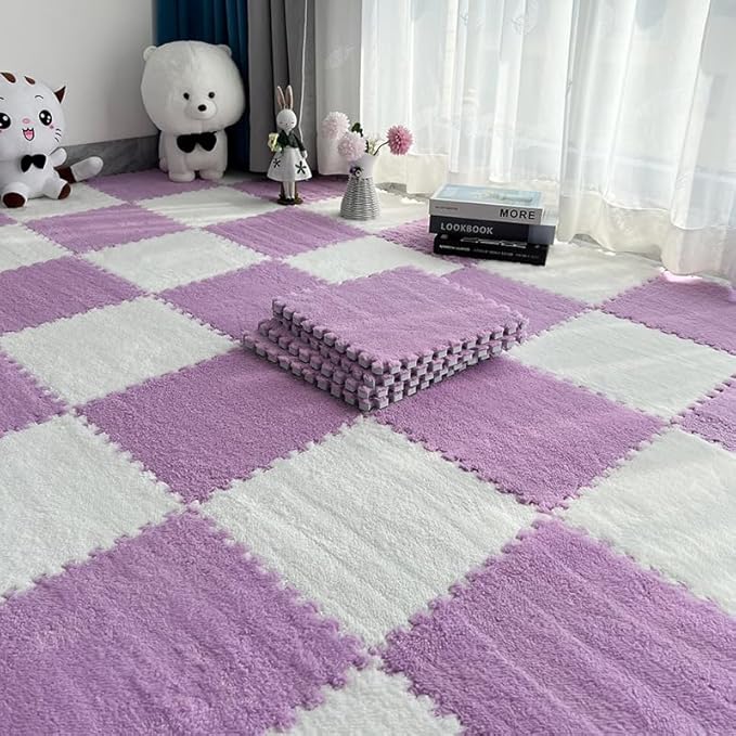 16pcs 0.6" Thickened Interlocking Tile Mats,Fluffy Shaggy Soft EVA Foam Area Rug for Living Room & Bedroom,Non-Slip Protective Floor Carpet Play Mat Kids Baby Dorm Home Decor (11.8ft, Purple)