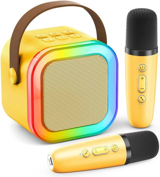 Karaoke Machine for Kids Adults, Portable Bluetooth Mini Karaoke Microphone Singing Speaker Karaoke Player with 2 Wireless Mic,Kids for All Smartphones,Birthday, Family,Home Party(Yellow)