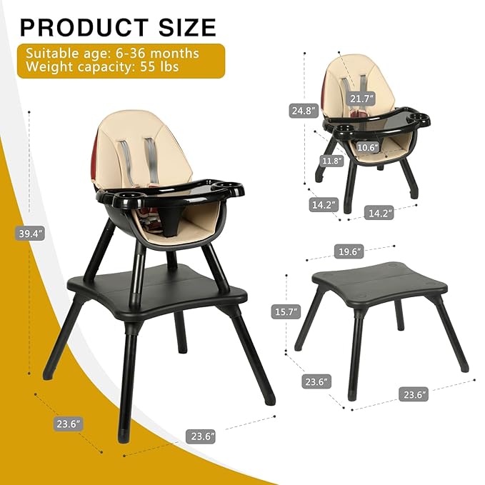 Gofirst 6 in 1 Baby High Chair,Convertible High Chairs for Babies and Toddlers/Booster Seat/Table and Chair Set,Baby Feeding Chair/5-Point Harness,4-Position Removable Tray&PU Cushion Baby Highchair