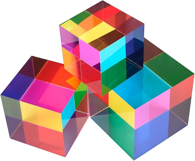 CMY Mixing Color Cube, 70mm (2.75 inch) Acrylic Prism for Home or Office Decoration, CMYcube Physics Toys Science Educational Gift for Kids, 7cm
